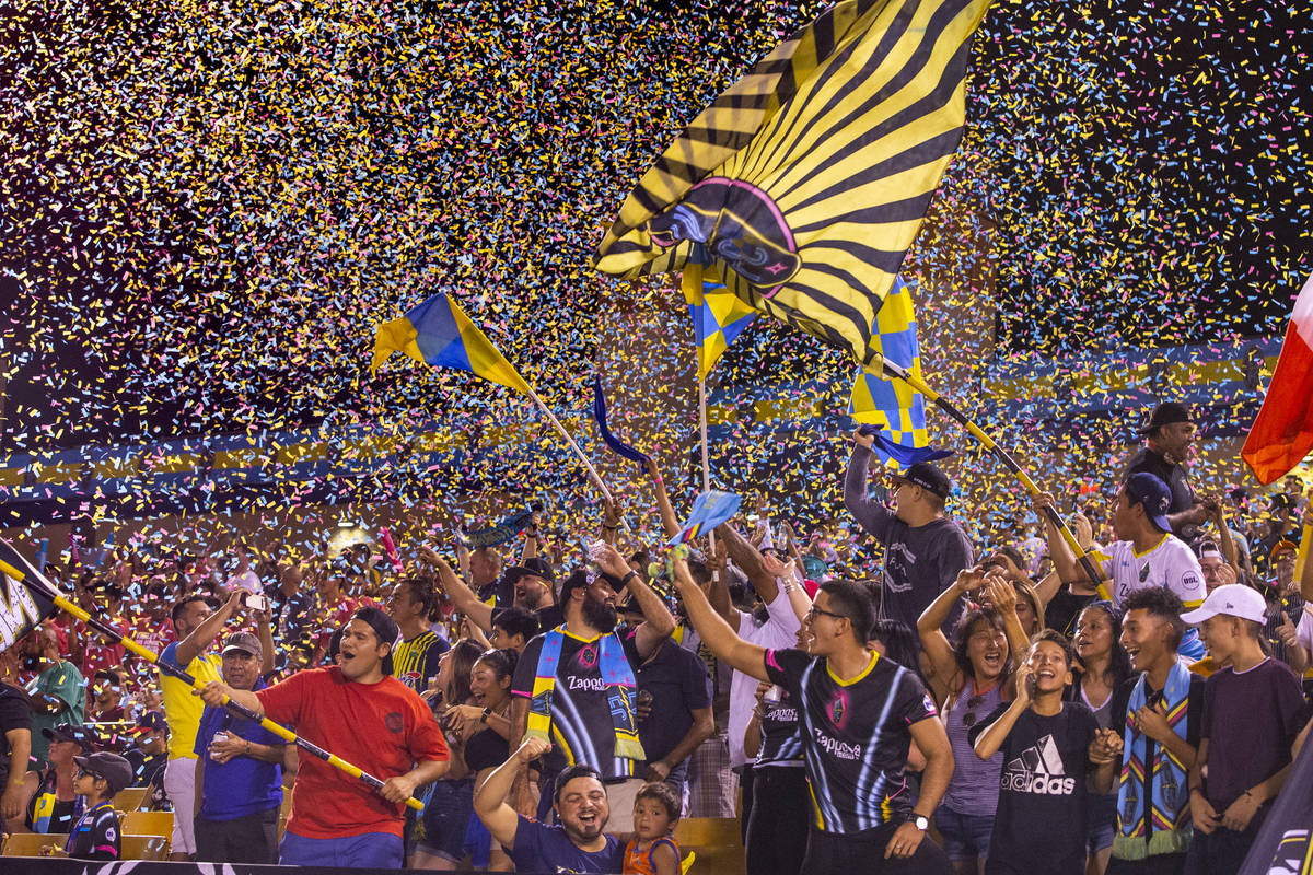 Las Vegas Lights FC fans are bathed in confetti as the team scores over the Portland Timbers 2 ...