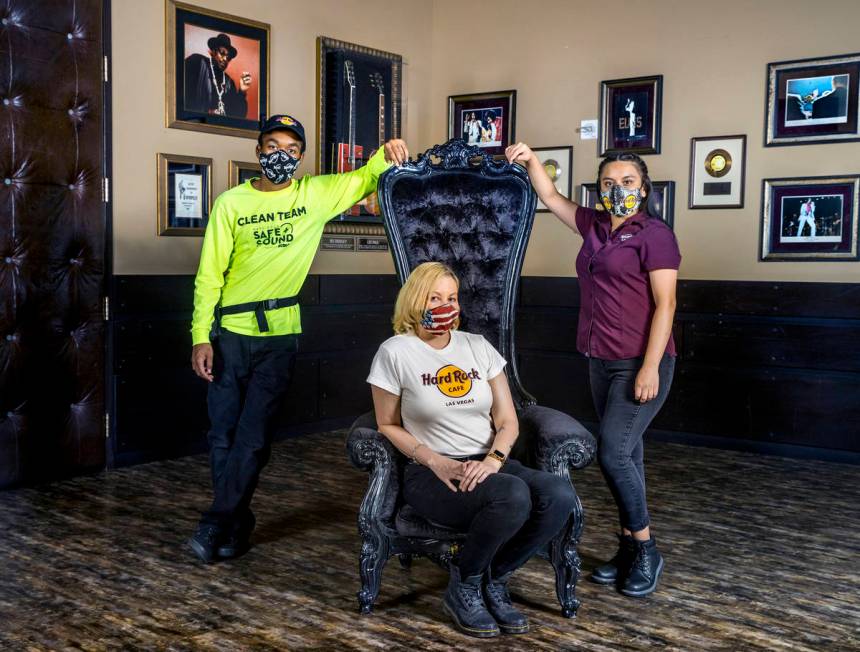 Mykel Lewis, left, Kristin McCormick, center, and Gloria Reyes at the Hard Rock Cafe wearing th ...