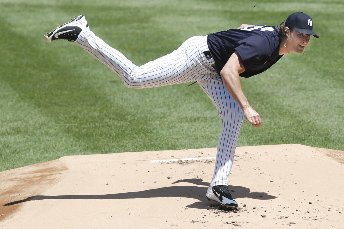 In this Sunday, July 12, 2020, file photo, New York Yankees starting pitcher Gerrit Cole follow ...