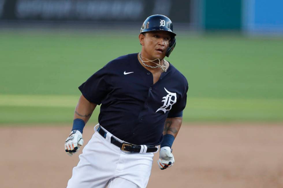 Detroit Tigers' Miguel Cabrera rounds third base during an intrasquad baseball game, Friday, Ju ...