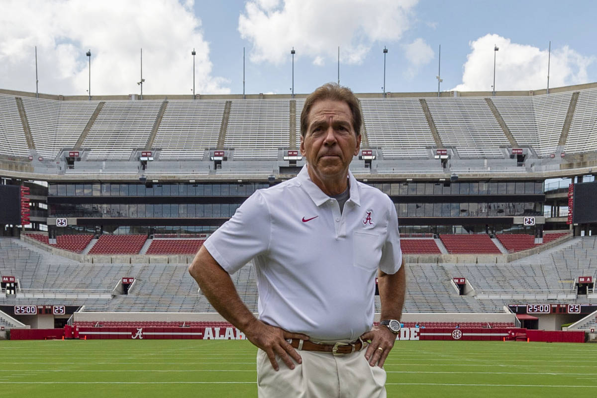 FILE - In this Aug. 3, 2019, file photo, Alabama head coach Nick Saban prepares for a team coac ...