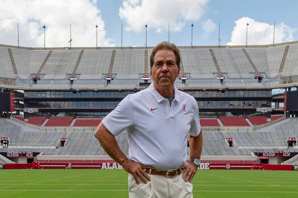 FILE - In this Aug. 3, 2019, file photo, Alabama head coach Nick Saban prepares for a team coac ...