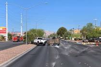 A truck transporting swimming pool chemicals overturned along West Sahara Avenue, between Duran ...