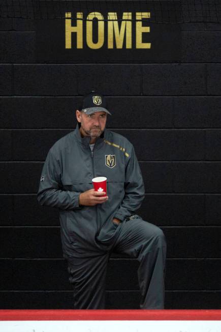 Golden Knights' head coach Peter DeBoer watches practice at City Capital Arena on Monday, July ...