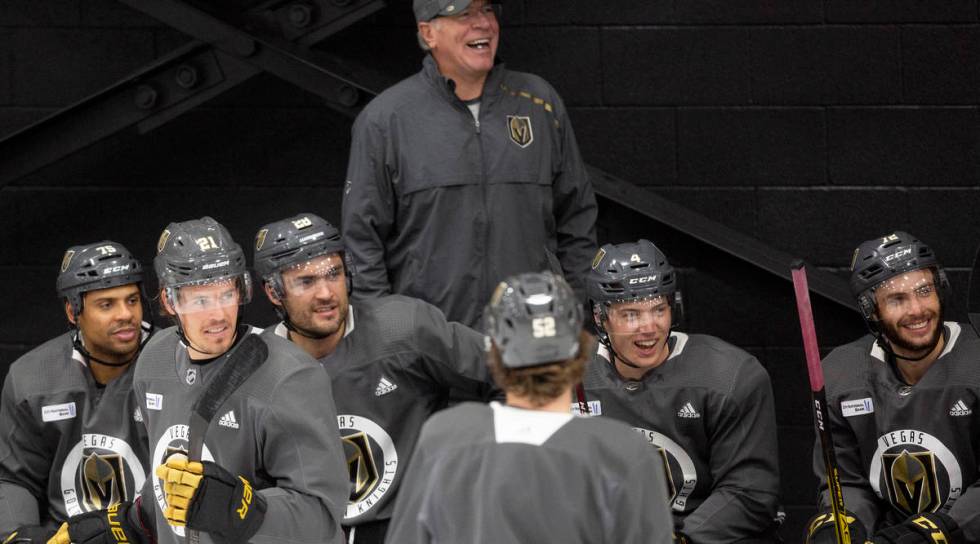 The Golden Knights' enjoy practice at City Capital Arena on Monday, July 20, 2020, in Las Vegas ...