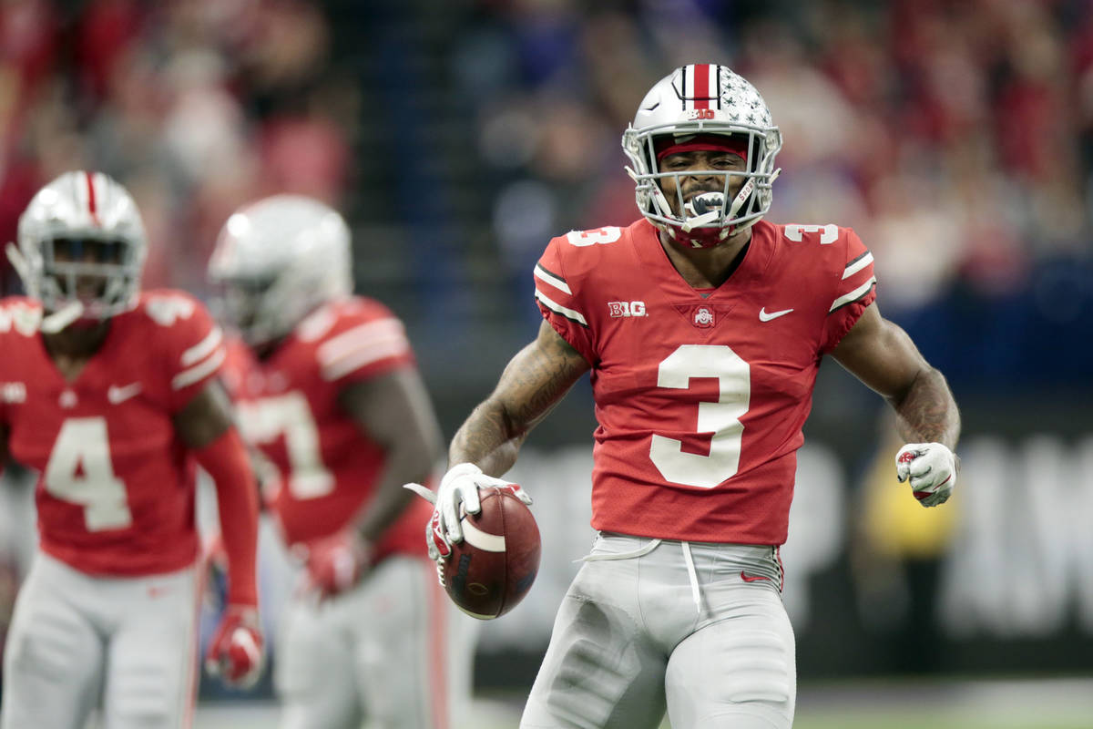 FILE - In this Dec. 1, 2018, file photo, Ohio State cornerback Damon Arnette (3) celebrates aft ...