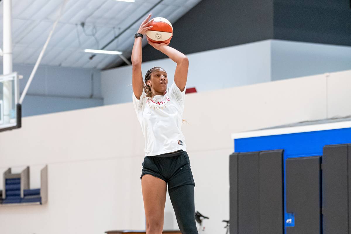 Aces forward A'ja Wilson takes a jump shot in practice at IMG Academy in Bradenton, Florida. (L ...