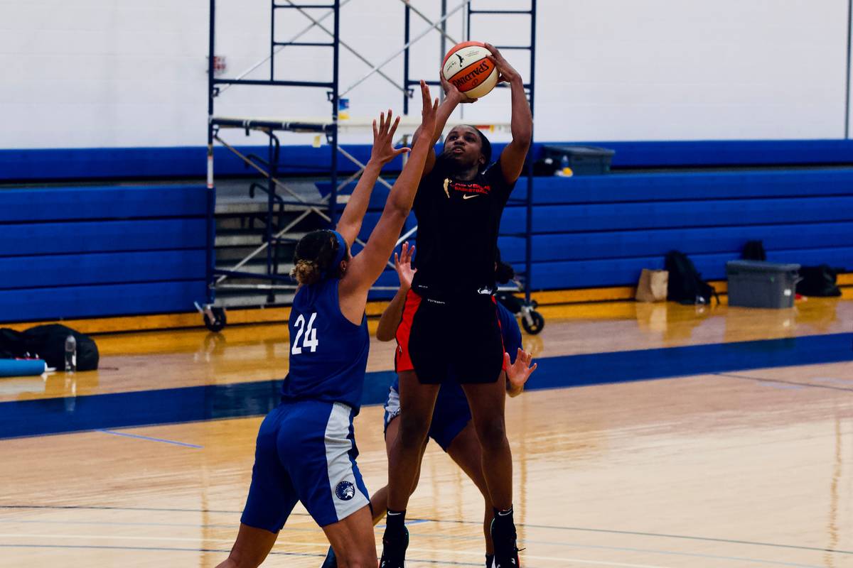 Aces guard Jackie Young takes a jump shot in practice against the Minnesota Lynx at IMG Academy ...