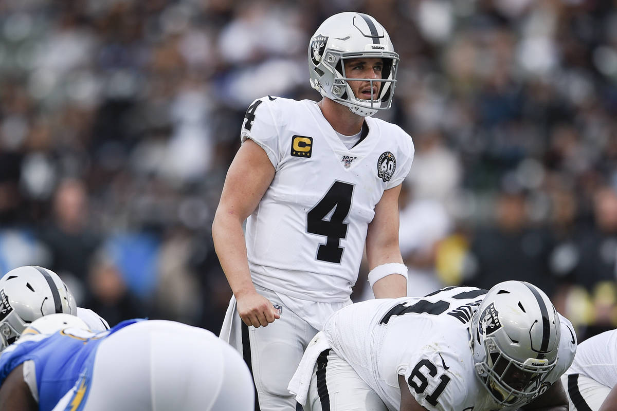 Oakland Raiders quarterback Derek Carr in action during the second half of an NFL football game ...