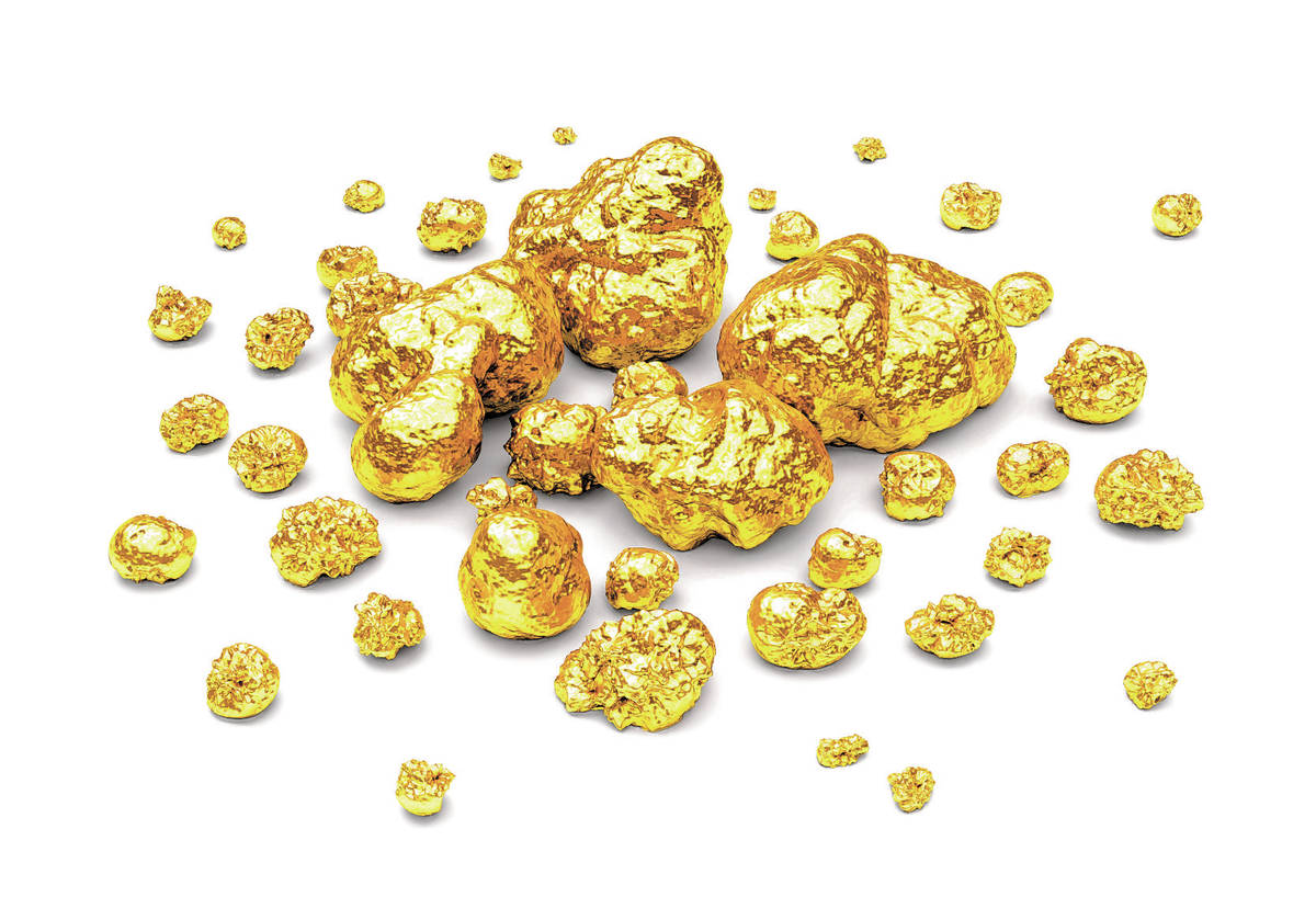 Golden nuggets. Group of gold stones of different size isolated on white background.