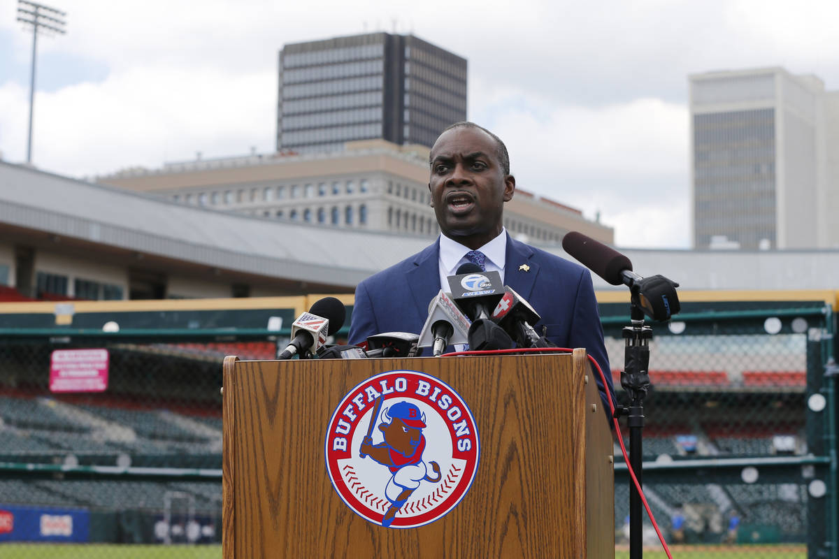 Buffalo Mayor Byron Brown addresses the media during a press conference announcing the Toronto ...