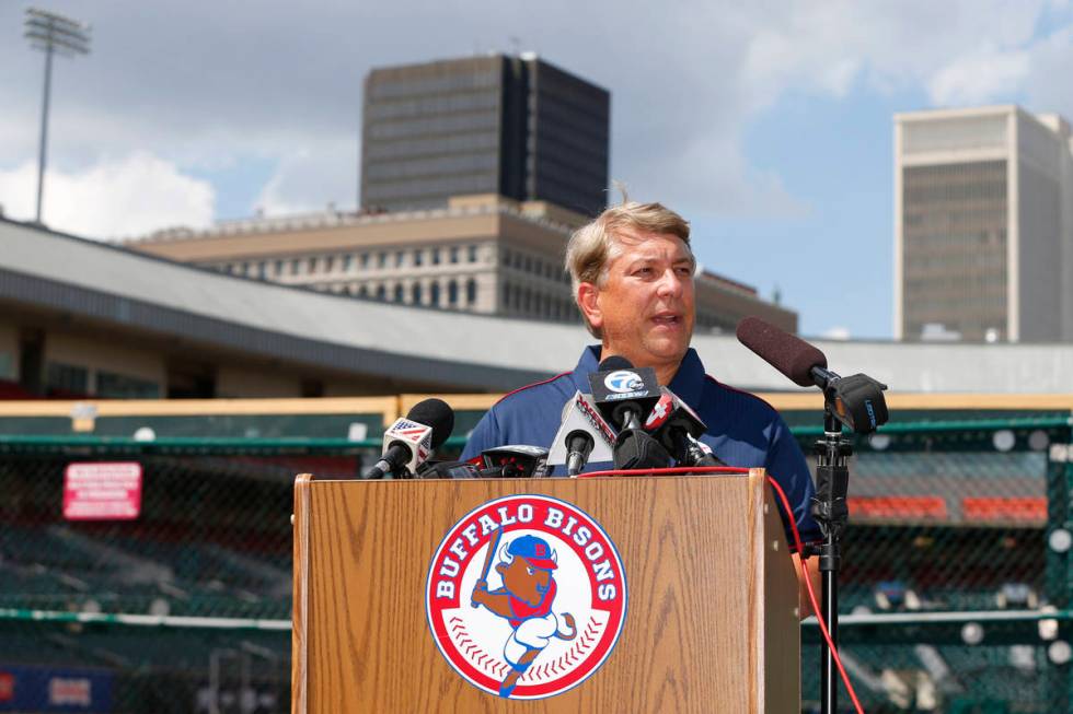 Rich baseball operations president Mike Buczkowski addresses the media during a news conference ...