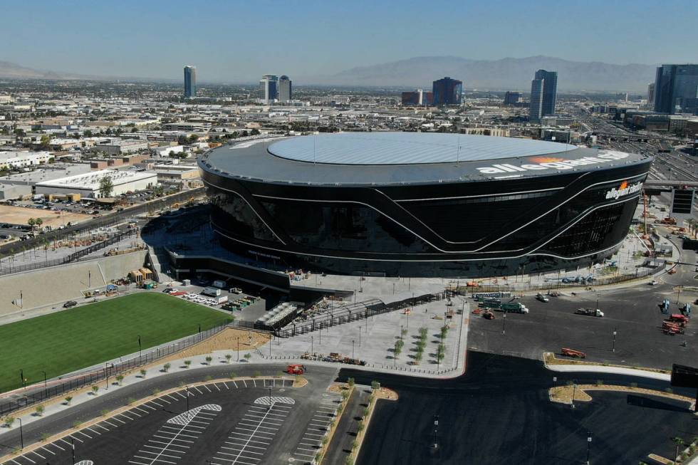 Aerial view of Allegiant Stadium and the natural grass field tray on Tuesday, July 21, 2020. (M ...