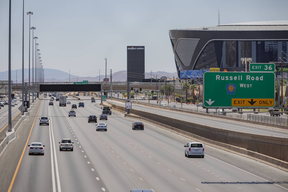 An active traffic management sign is seen on I-15 South near Allegiant Stadium in Las Vegas on ...