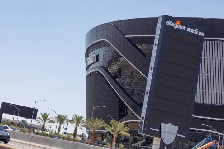 An active traffic management sign is seen on I-15 South near Allegiant Stadium in Las Vegas on ...