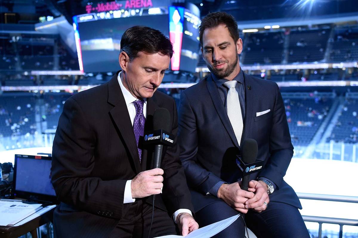 Vegas Golden Knights' sportscasters Dave Goucher, left, and Shane Hnidy return for the 2018-19 ...