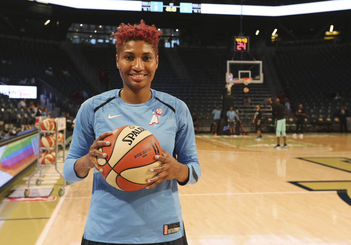 In this Thursday, July 19, 2018 photo, Atlanta Dream's Angel McCoughtry poses before a WNBA bas ...