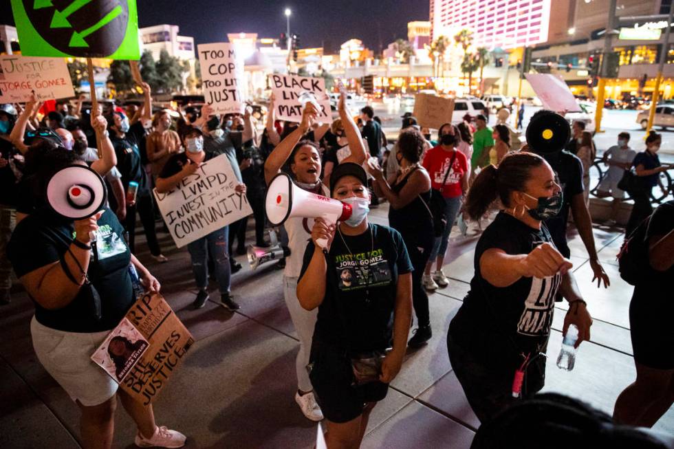 People march during a Black Lives Matter rally on the Las Vegas Strip on Saturday, July 25, 202 ...