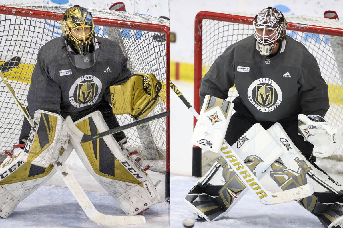 Vegas Golden Knights goaltenders Marc-Andre Fleury, left, and Robin Lehner, right. (L.E. Baskow ...