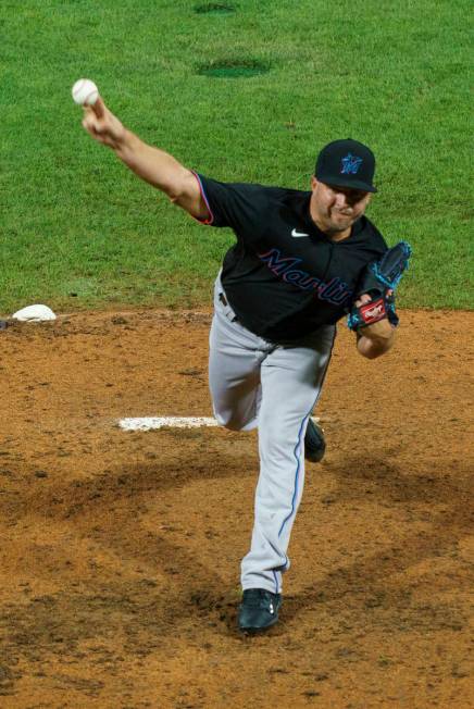 Miami Marlins relief pitcher Brandon Kintzler throws during the ninth inning of a baseball game ...