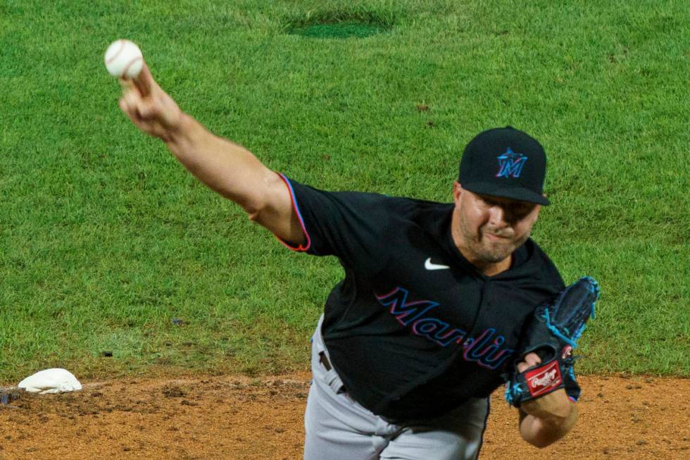 Miami Marlins relief pitcher Brandon Kintzler throws during the ninth inning of a baseball game ...