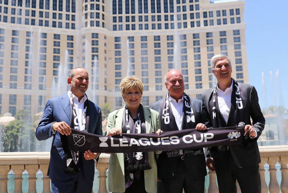 From left, Major League Soccer Commissioner Don Garber, Las Vegas Mayor Carolyn Goodman, Liga M ...