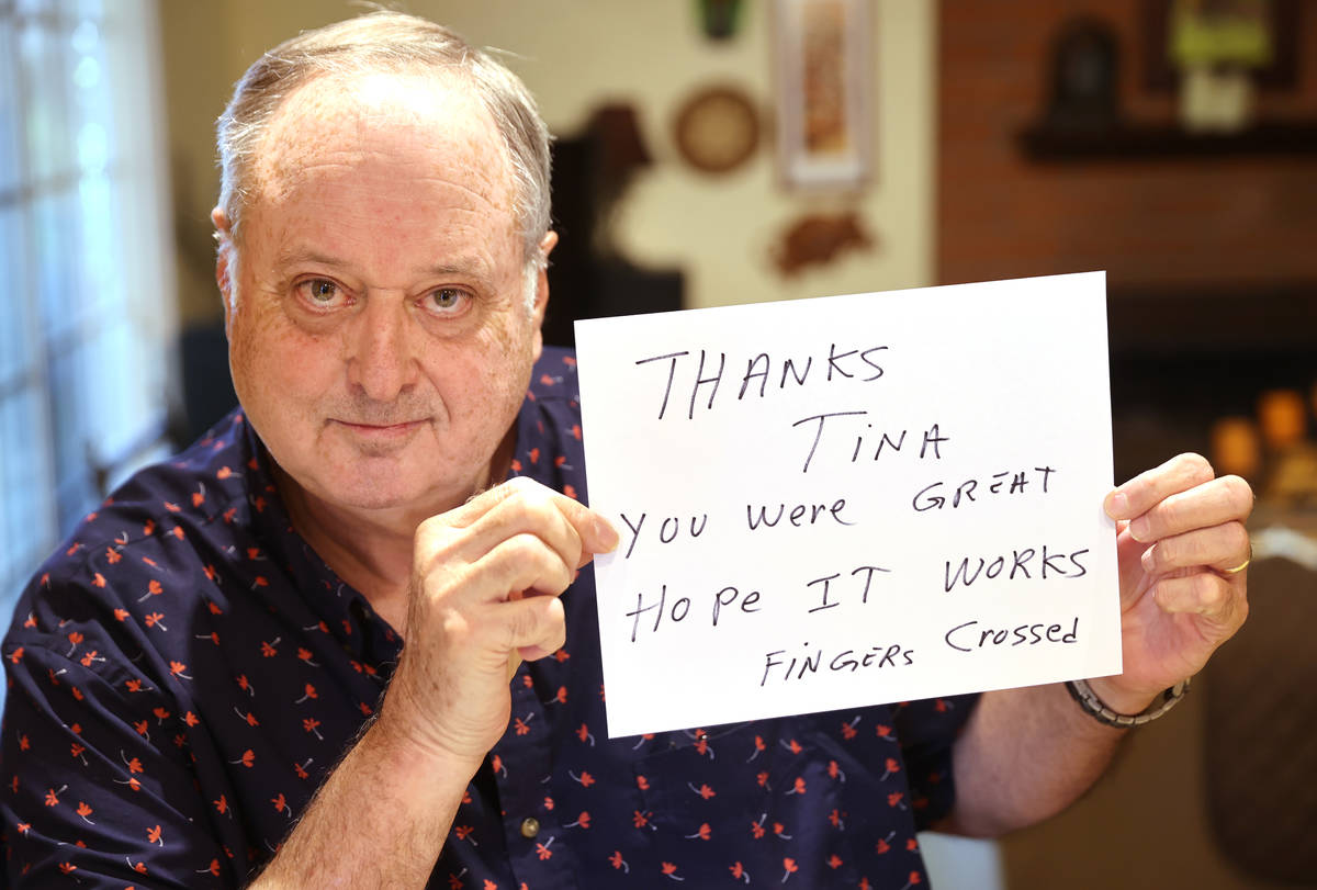 Steve Reed, an out-of-work photographer, publicly thanks a call center worker at his Las Vegas ...