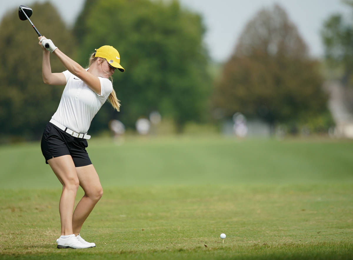 Iowa’s Morgan Goldstein tees off during their dual against Northern Iowa at Pheasant Rid ...