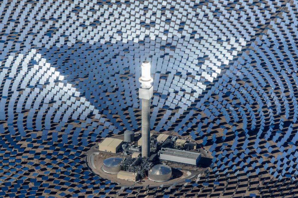 This 2015 file photo shows an aerial view of the Crescent Dunes Solar Energy Plant in Tonopah, ...