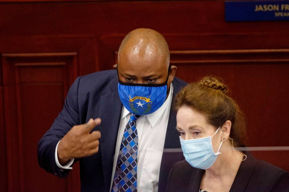 Assembly Speaker Jason Frierson speaks with chief clerk Susan Furlong at the Legislature on Fri ...