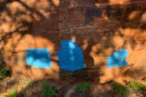 Six blue squares were painted on sandstone at Zion. (Zion National Park)