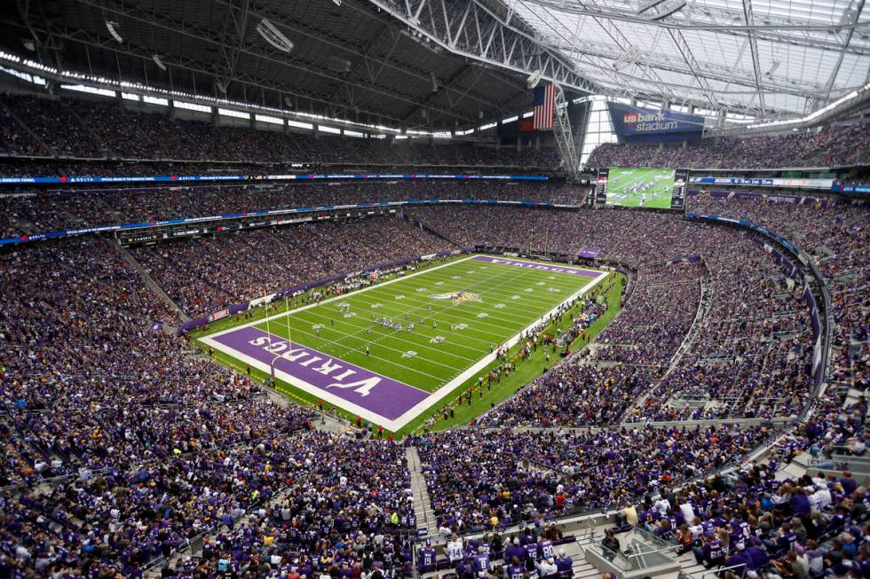 In this Sept. 8, 2019, file photo, fans cheer in U.S. Bank Stadium during the second half of an ...