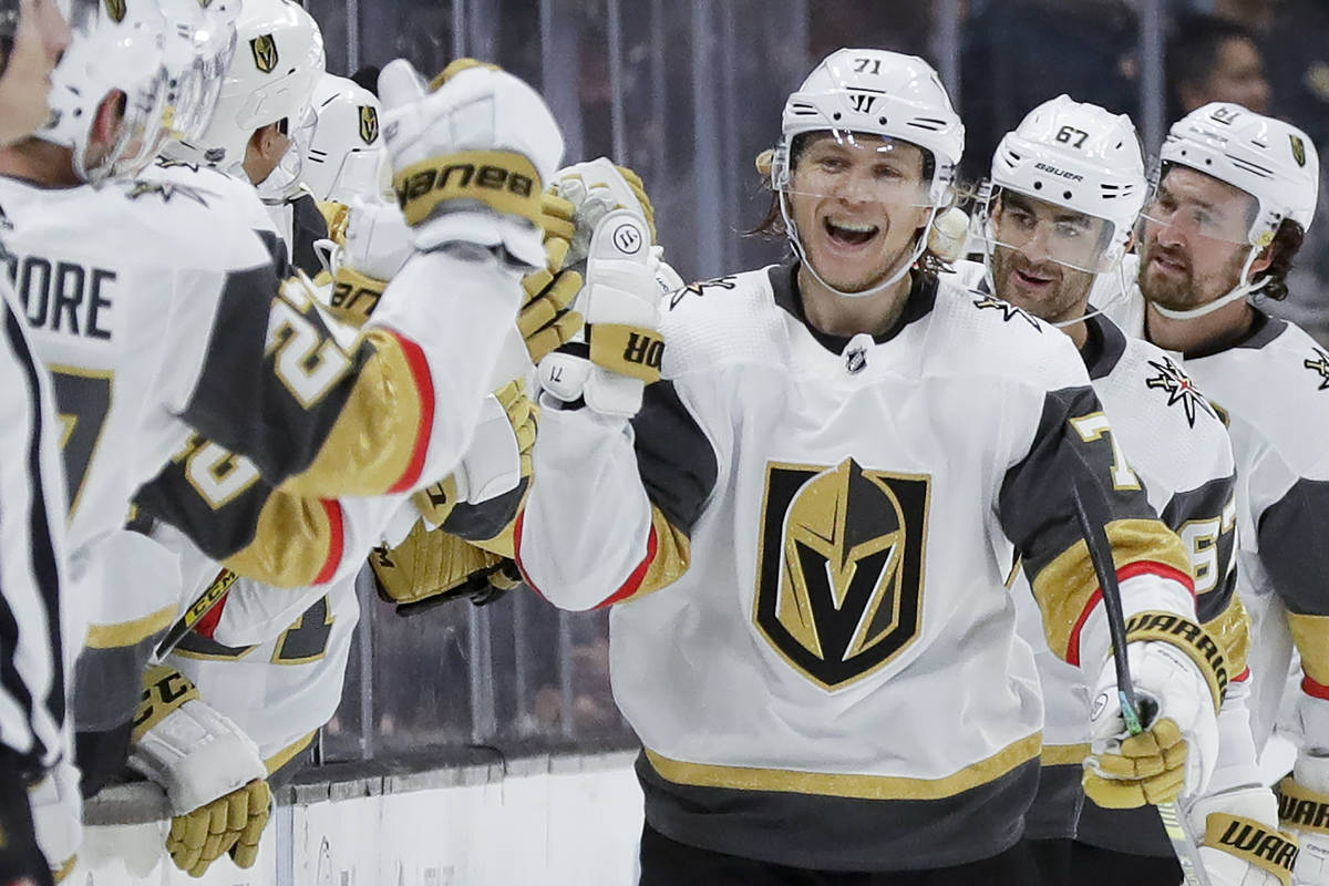 Vegas Golden Knights center William Karlsson celebrates after scoring during the second period ...