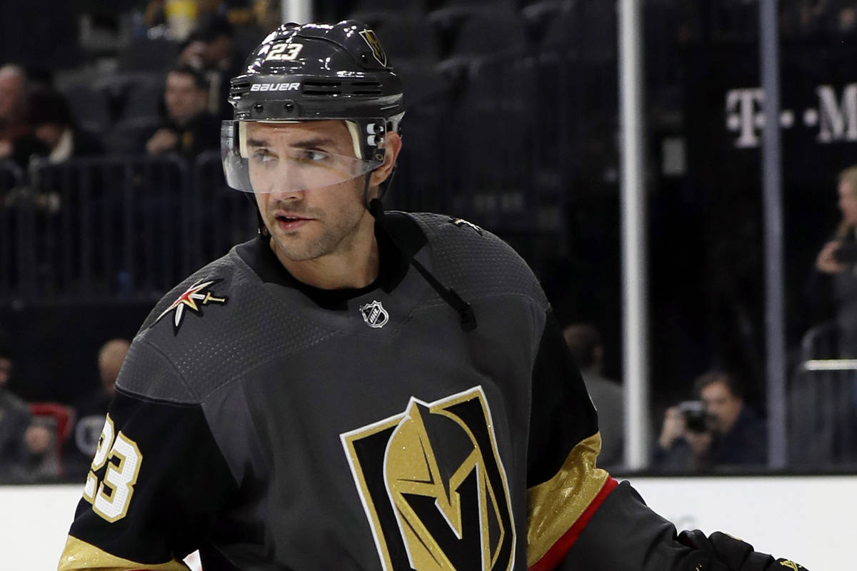 Vegas Golden Knights defenseman Alec Martinez warms up for the team's NHL hockey game against t ...