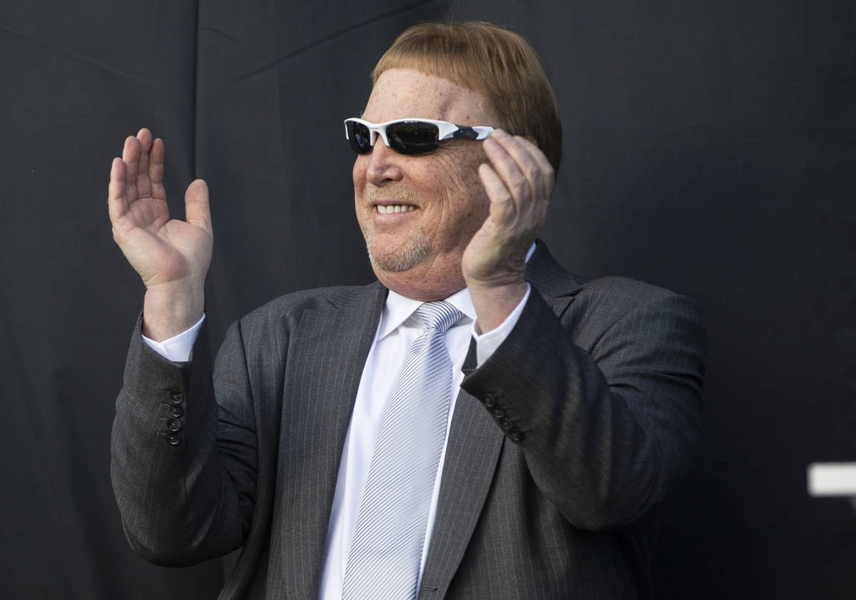 Raiders owner Mark Davis fires up the crowd during an event to officially announce Las Vegas as ...