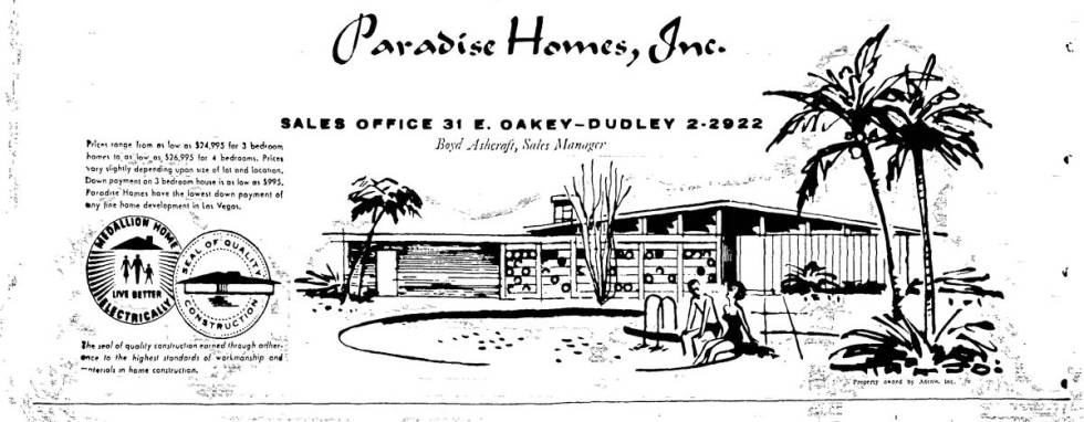 An ad for Las Vegas' Paradise Palms community, printed in the May 17, 1960, edition of the Las ...