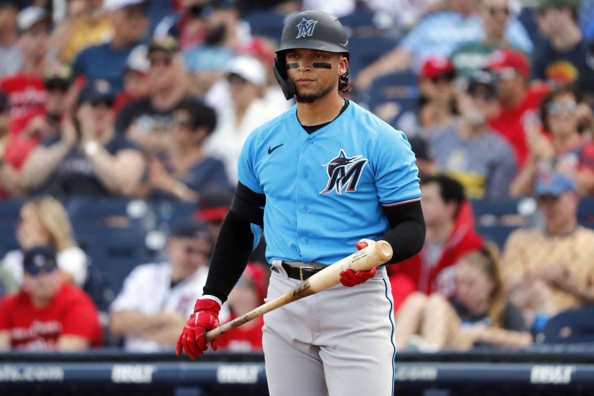 FILE - In this March 2, 2020, file photo, Miami Marlins' Isan Diaz bats during the second innin ...