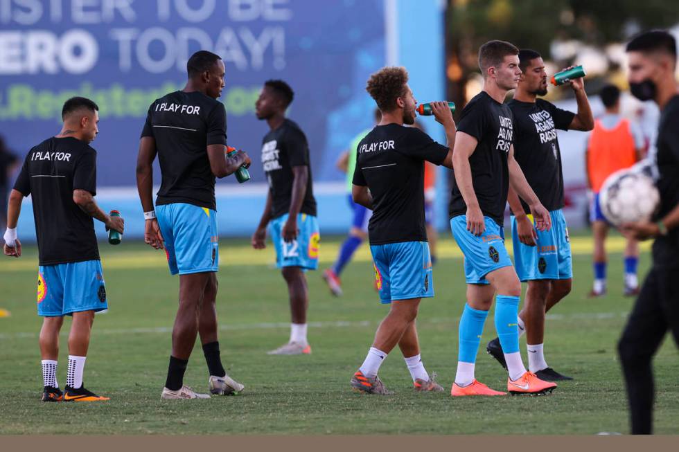 Lights FC players hydrate before the start of a USL soccer game between the Las Vegas Lights FC ...