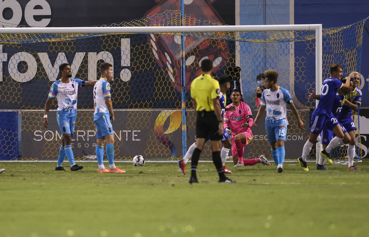 Las Vegas Lights FC goalkeeper Edward Delgado (0) looks on after giving up a goal to Reno 1868 ...