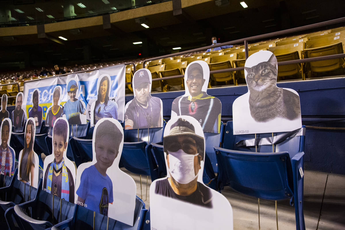 Cardboard cutouts of fans are seen during the second half of a USL soccer game against Reno 186 ...