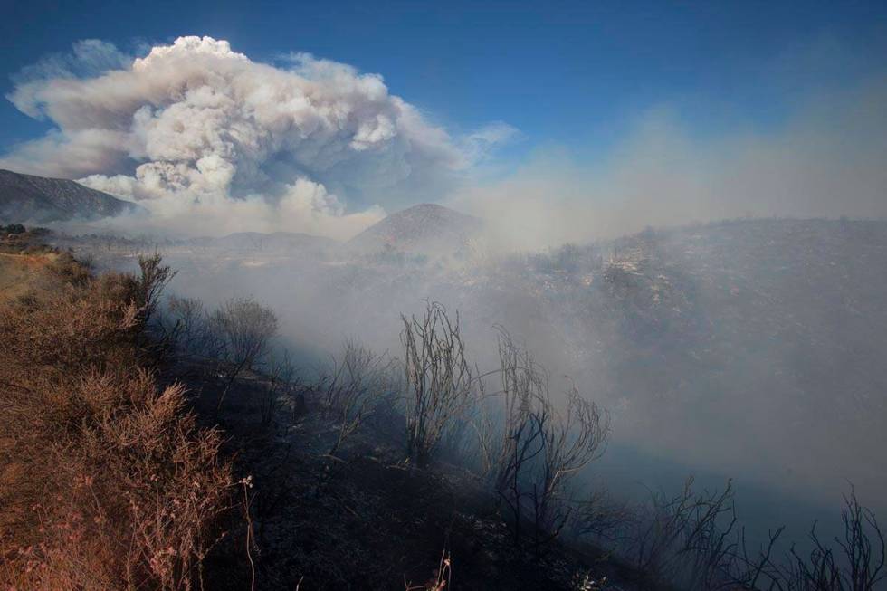 Burned area at the Apple Fire in Cherry Valley, Calif., on Saturday, Aug. 1, 2020. Smoke from t ...