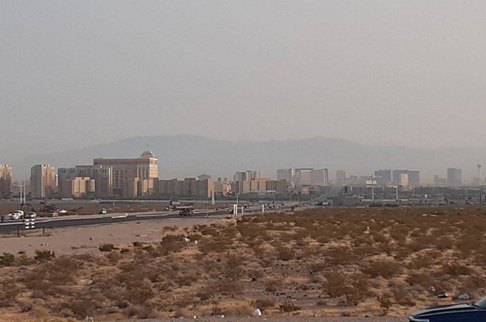 Haze in the sky over Las Vegas on Monday, Aug. 3, 2020, in a picture taken near Starr Avenue an ...
