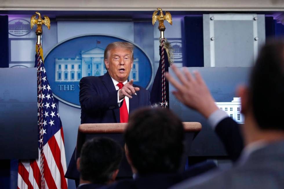 President Donald Trump speaks during a briefing with reporters in the James Brady Press Briefin ...