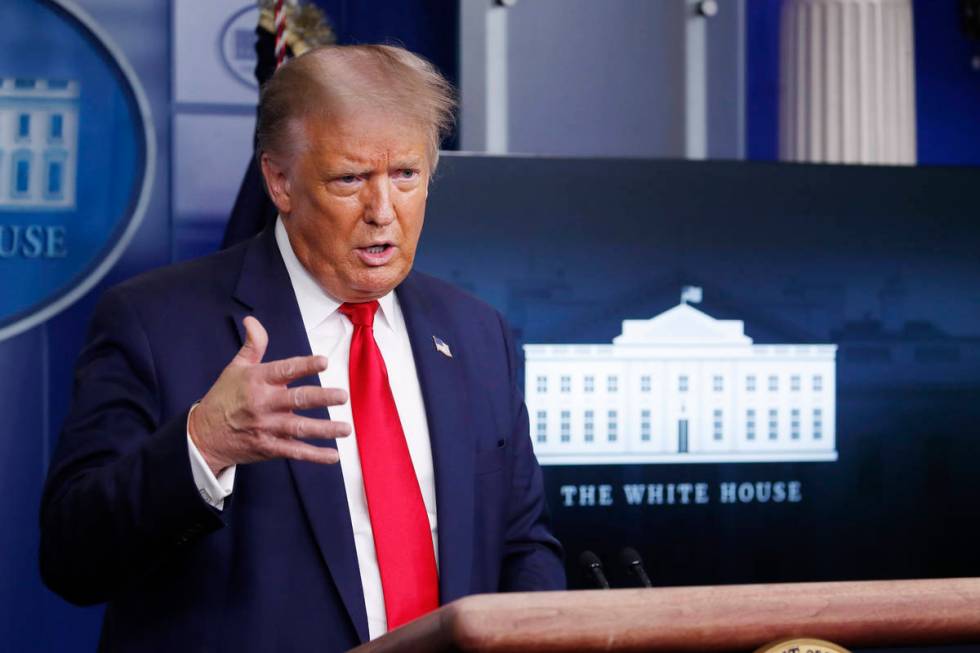 President Donald Trump speaks during a briefing with reporters in the James Brady Press Briefin ...