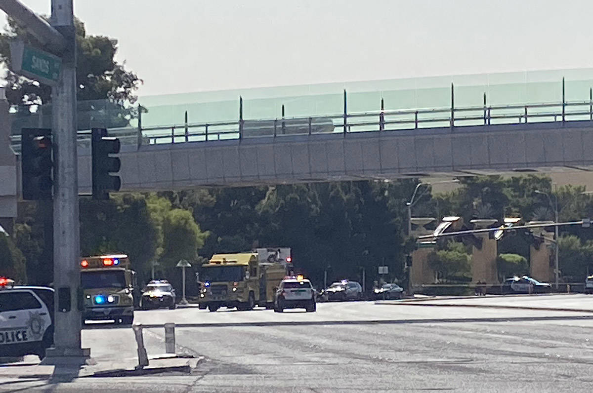 Emergency vehicles respond to a fatal crash just east of Las Vegas Strip on Sands Avenue on Mon ...
