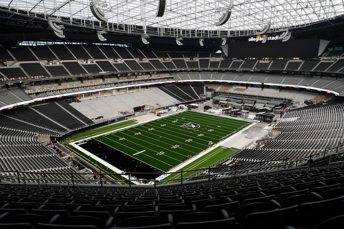 A photo released by the Las Vegas Raiders shows the nearly complete Allegiant Stadium on Friday ...