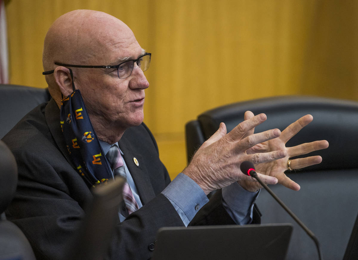 Commissioner Larry Brown speaks during a Clark County Board of Commissioners meeting about many ...