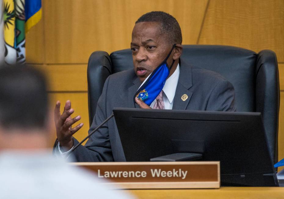 Commissioner Lawrence Weekly speaks as vice chairman during a Clark County Board of Commissione ...