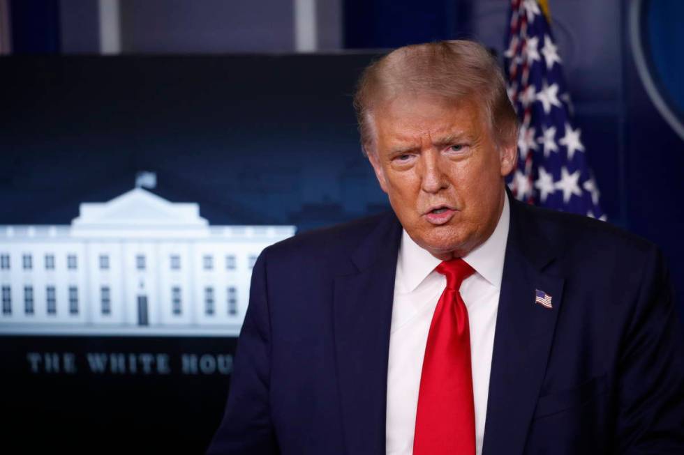 President Donald Trump speaks during a briefing with reporters in the James Brady Press Briefin ...