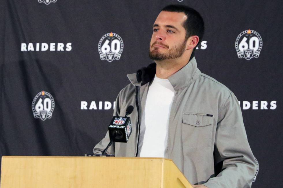 Oakland Raiders quarterback Derek Carr reacts at a postgame press conference following the team ...